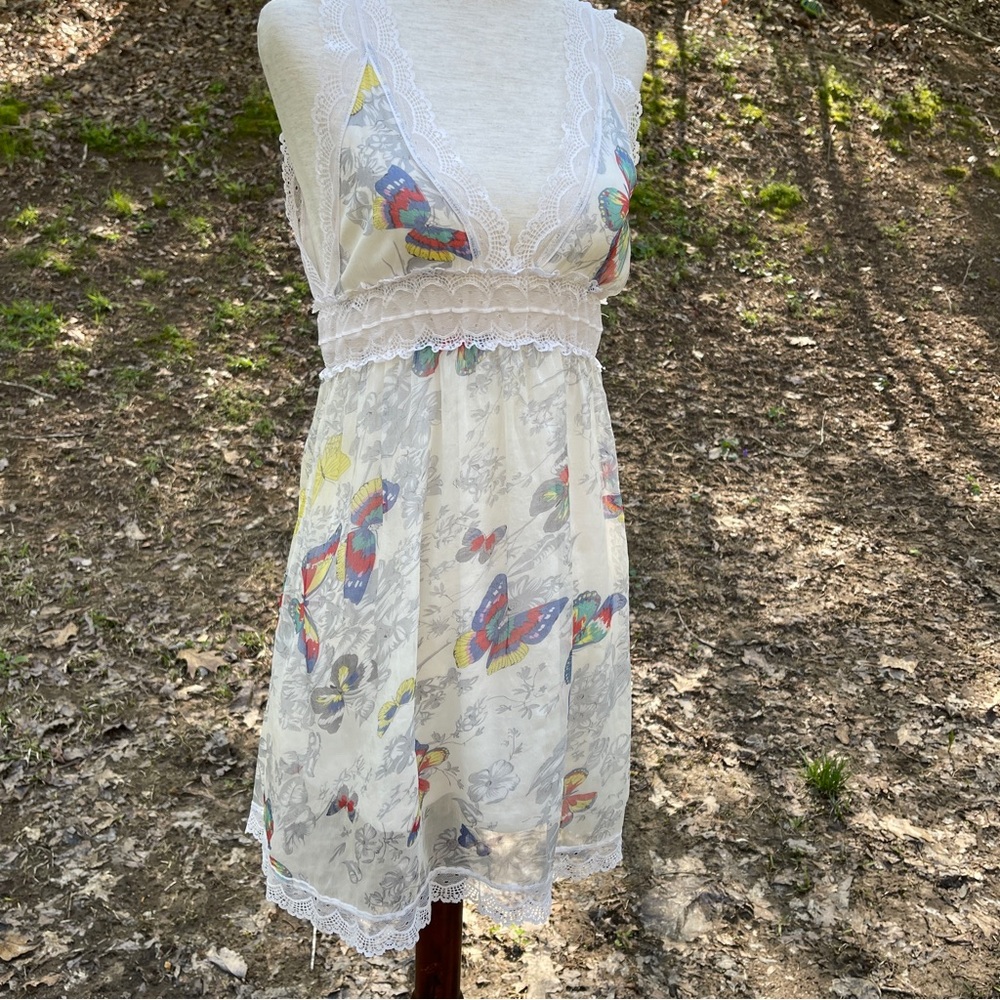 Vintage 90s Butterfly Lace White Slip Babydoll Dress Small